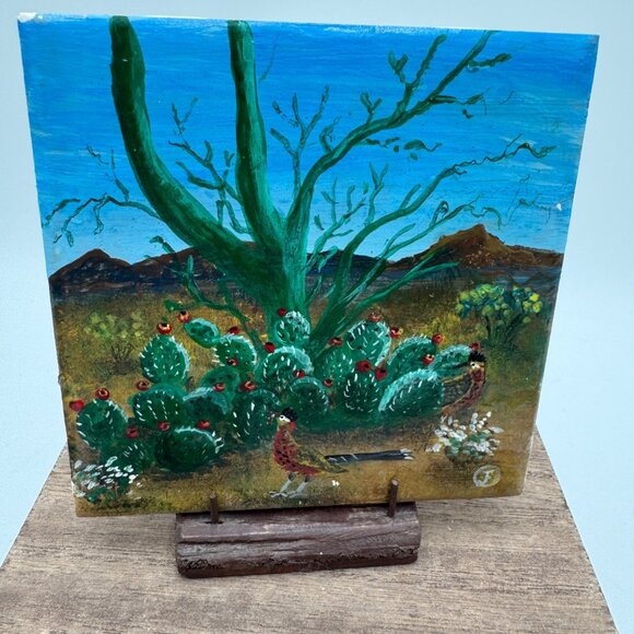 Prickly pear road runner painted tile southwest Arizona scene blue sky small tin - Picture 1 of 16